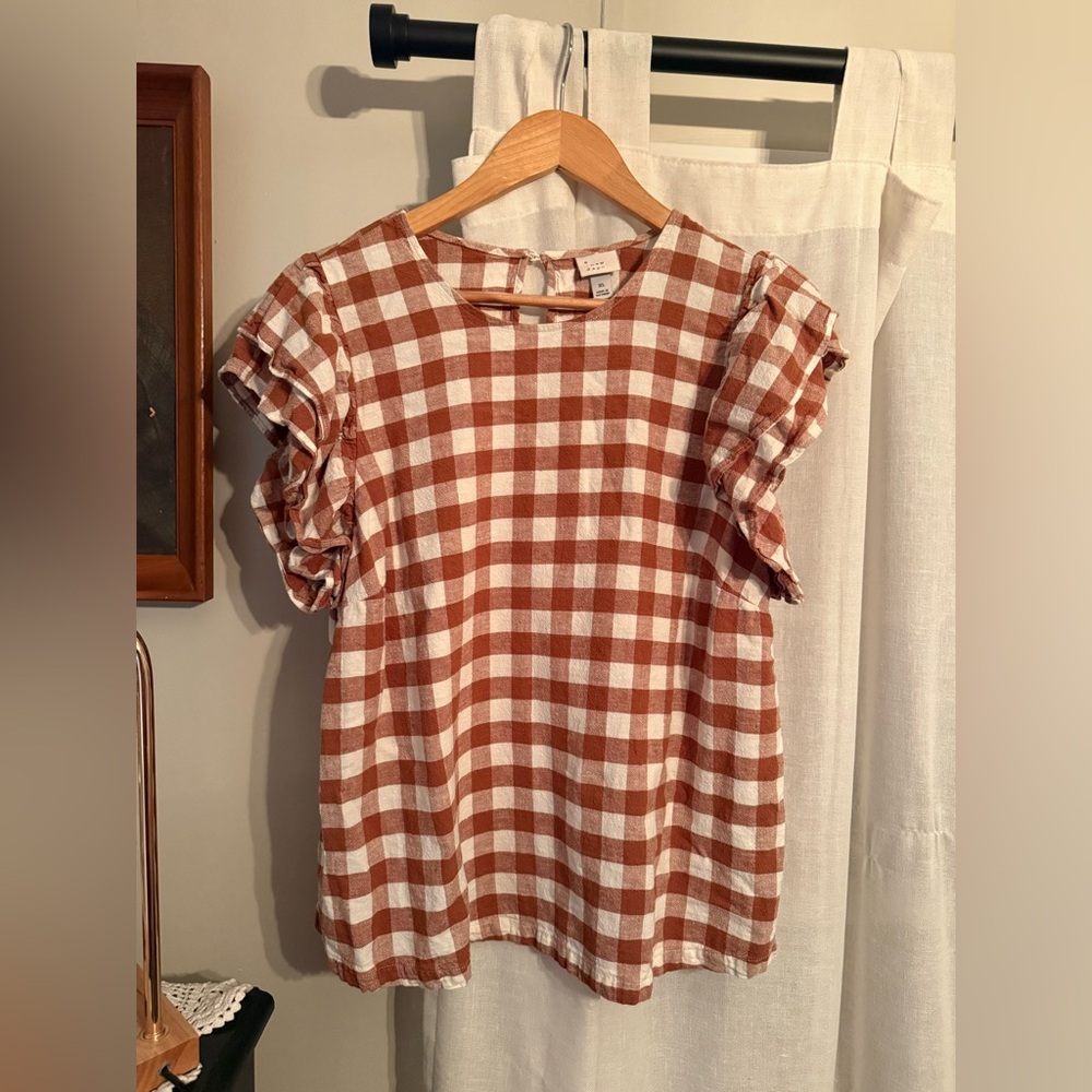 a new day Brown and White Checkered Ruffle Sleeve Blouse